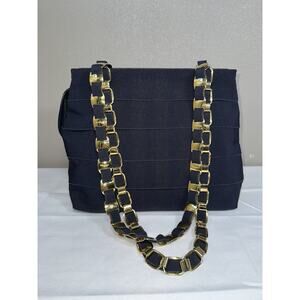 Salvatore Ferragamo Blue Tiered Grosgrain Ribbon Tote Bag Italy Chain Handles